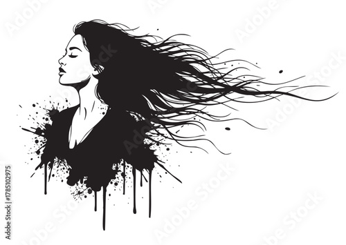 Artistic silhouette of a woman with long flowing hair blended with ink splatters, embodying freedom and creativity.