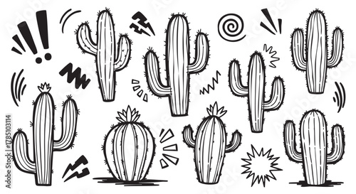 Black outline drawings of various cacti with unique shapes and abstract decorative elements.