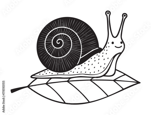 Smiling snail with a spiral shell crawling on a leaf. simplified black and white illustration conveying a cheerful expression.
