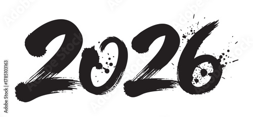 Bold black brushstroke numbers spelling "2026" with artistic splatter and dynamic strokes, conveying a creative and modern feel.