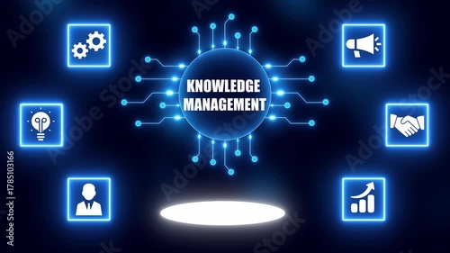 Knowledge Management Concept with Connected Icons and Glowing Central Hub information management data management