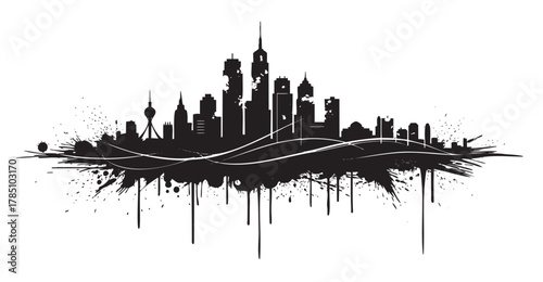 Black ink splatter silhouette of a city skyline with skyscrapers and modern buildings, featuring artistic drips and splashes.