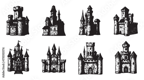 Black silhouette icons of various medieval castles, each with towers, turrets, and arched entrances, depicting fantasy architecture styles.