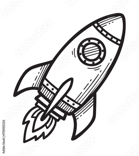 Black outline vector icon of a retro rocket ship with flames, featuring simple linear details for space and exploration concepts.