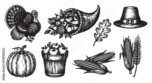 Black outline illustrations of thanksgiving symbols, including a turkey, cornucopia, pilgrim hat, pumpkin, apples, corn, and oak leaf.