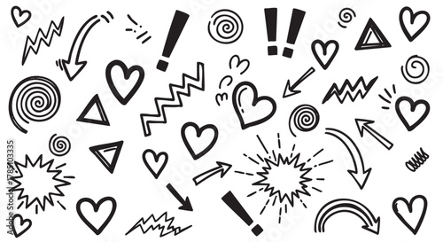 Black doodle abstract icons with hearts, arrows, exclamation marks, and geometric shapes form a playful pattern.