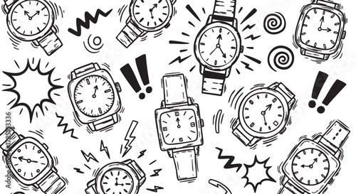 Black and white hand-drawn sketches of various wristwatches with exclamation marks and abstract doodles emphasizing time.
