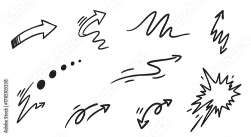 Hand-drawn black arrow and motion lines, with varied directional strokes, expressing movement and energy in a minimalist style.