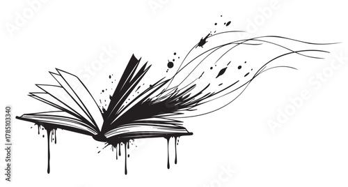 Black and white abstract illustration of an open book with dynamic ink-like splashes and flowing lines extending outward.