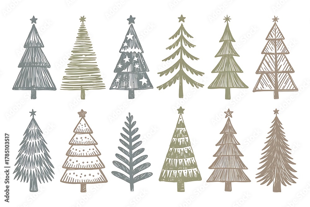 Fototapeta premium Collection of hand drawn christmas trees isolated on white background