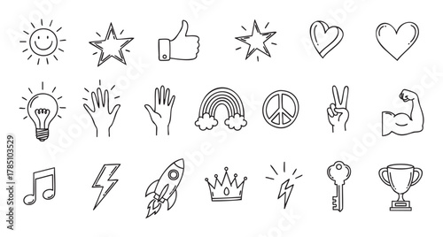 A collection of simple black outline icons including a sun, stars, thumbs up, hearts, lightbulb, hands, rainbow, peace symbol, muscular arm, music note, lightning, rocket, crown, key, and trophy.