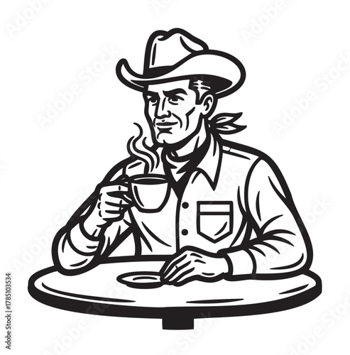 Black and white line drawing of a male cowboy with a hat and bandana, seated at a table, sipping a steaming cup of coffee.