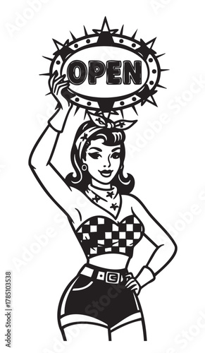 Black and white retro-style drawing of a young caucasian female with a vintage hairstyle holding a spiked "open" sign above her head.
