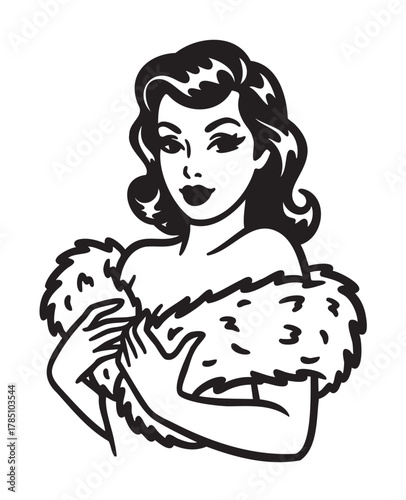 Black and white vector drawing of a glamorous caucasian young female wearing an elegant fur stole, with classic vintage hairstyle.