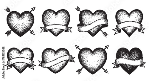 Eight hand-drawn vintage-style heart illustrations featuring arrows and blank banners for customizable designs.