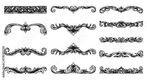 Decorative black ornamental floral dividers arranged in a grid pattern, showcasing elegant curved and intricate designs.