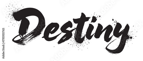 Elegant black brushstroke script of the word "destiny" with decorative splatter accents.