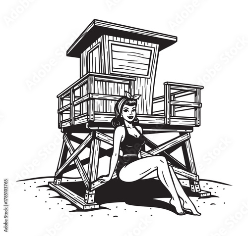 Black and white illustration of a young caucasian female in a swimsuit sitting beside a wooden lifeguard tower on the beach.