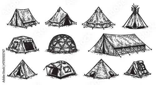 Hand-drawn black and white sketches of various traditional and modern tents, including a-frame, teepee, and dome styles, showcasing diverse camping structures.