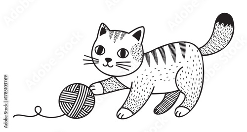 Black outline illustration of a playful cat with a ball of yarn, depicting a cute and whimsical concept in a simplistic sketch style.