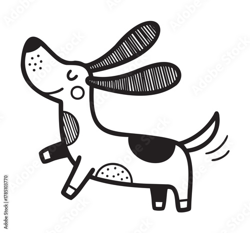 Black and white illustration of a happy cartoon dog with floppy ears and a wagging tail, showcasing playful movement.