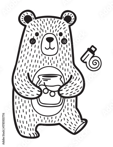 Black and white drawing of a cheerful bear holding a jar of honey with a honey dipper floating nearby.