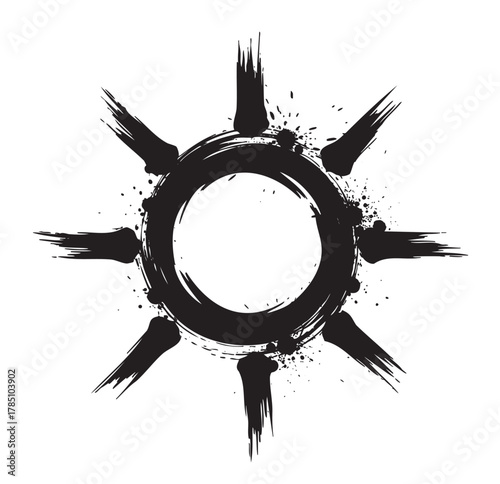 Black grunge-style sun icon with a circular center and eight brushstroke rays, radiating outward with splattered ink effects.