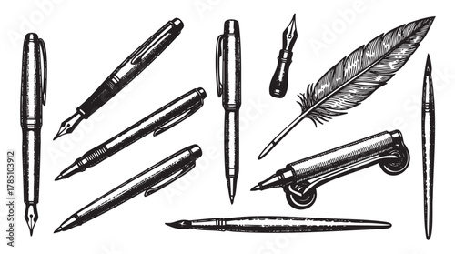 Black and white illustrations of various writing instruments, including fountain pens, ballpoint pens, brushes, a quill, and a nib.