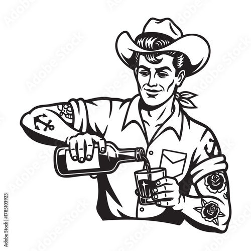 Black and white illustration of a young caucasian male wearing a cowboy hat, pouring a drink into a glass, with tattooed arms featuring an anchor and roses.