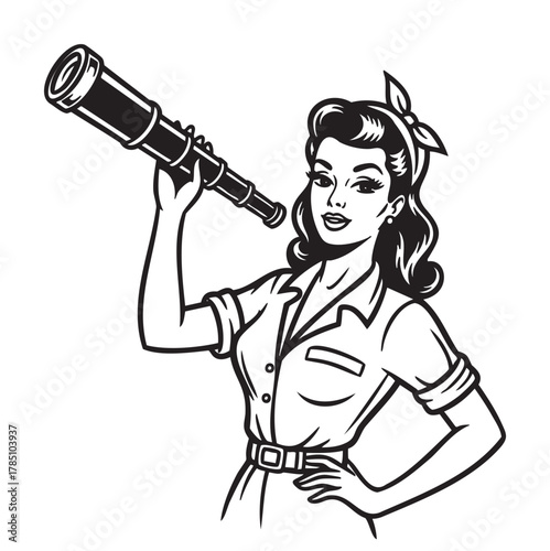 Black and white retro-style drawing of a young caucasian female holding a telescope with a confident expression and vintage hairstyle.