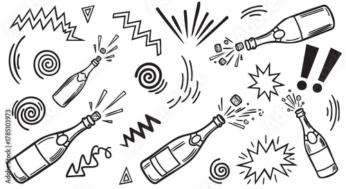Black outline drawings of multiple champagne bottles popping with fizz, corks, and celebratory design elements like spirals and exclamations.