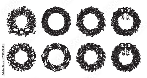 Black outline vector icons of various wreaths, including floral, leafy, and ribbon-adorned designs, showcasing diverse holiday and festive themes.