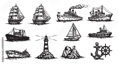 Vintage-style black ink drawings of various sailing ships, steamships, a lighthouse, rocky island, anchor, and ship wheel, showcasing maritime elements.