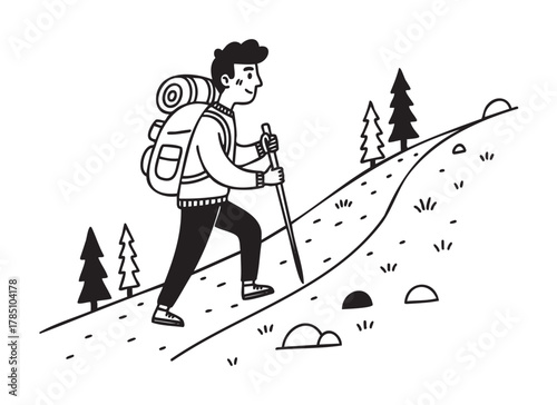 Black and white illustration of a young caucasian male hiker with a backpack and walking stick climbing a hillside among trees and rocks.