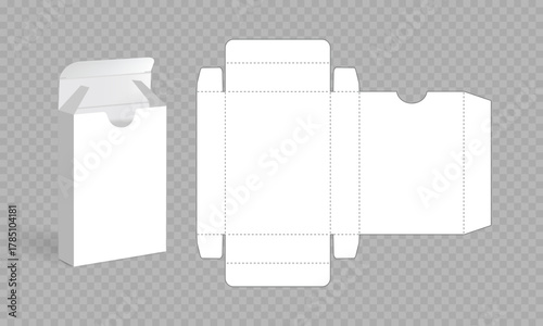 Playing card box template and vector playing card box template with laser-cut lines. White, transparent, blank, isolated. Playing card box mockup without background, with perspective view. Box die-cut