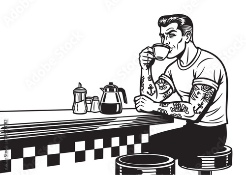 Black and white illustration of a young caucasian male with tattoos, sipping coffee at a diner counter with coffee pot and condiments.