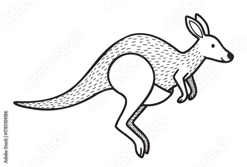 Black and white line drawing of a kangaroo in motion, featuring detailed fur texture and distinctive marsupial features.
