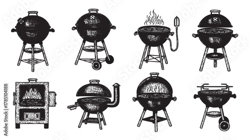 Black and white illustrations of various round and rectangular charcoal grills, featuring grills with lids, handles, wheels, and a chimney pipe for outdoor cooking.
