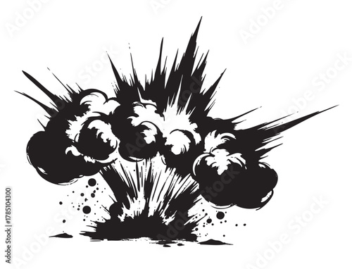 Black and white abstract illustration of an explosive burst with dynamic, sharp lines and smoke clouds radiating outward.