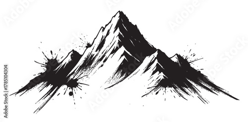 Black and white ink sketch of a rugged mountain range with splattered artistic accents, suggesting a dynamic sense of movement and natural beauty.