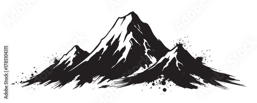 Black and white ink splatter illustration of rugged snow-capped mountain peaks with artistic brushstroke details.