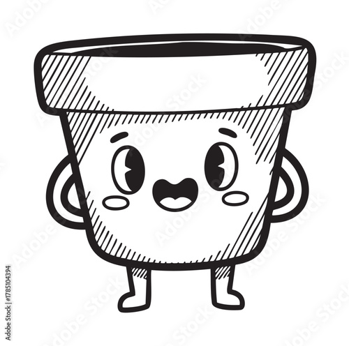 Cute, cartoonish flower pot with a joyful face, small arms, and legs, standing upright.
