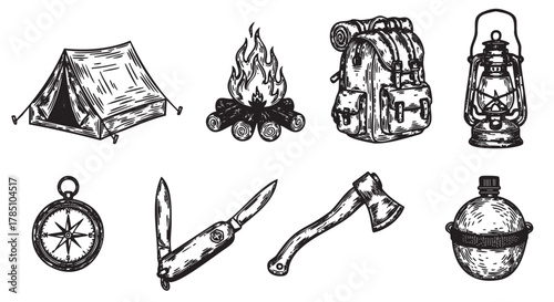 Black and white sketch of camping gear, including a triangular tent, campfire, backpack, lantern, compass, pocket knife, axe, and canteen, representing outdoor adventure essentials.