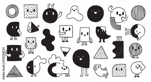 Black and white illustration of whimsical geometric characters, each with unique features and facial expressions, standing or floating in various poses.