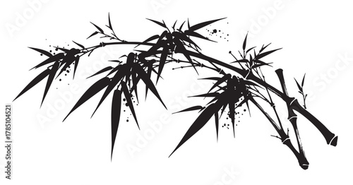 Black silhouette of a bamboo branch with detailed leaves and small clusters creating a natural and elegant design.