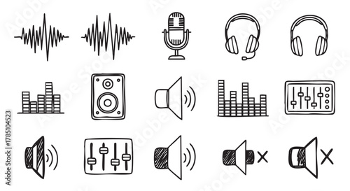 Hand-drawn vector icons of various audio elements including sound waves, microphones, headphones, speakers, equalizers, and volume controls arranged in a grid.
