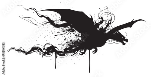 Intricate black ink silhouette of a dragon in flight with swirling, dynamic lines creating a sense of motion and energy.