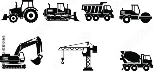Heavy Construction Machinery Vehicle Black Silhouette Icon Set, Including Excavator, Dump Truck, Bulldozer, Road Roller, Crane, and Cement Mixer, Essential for Engineering Projects.