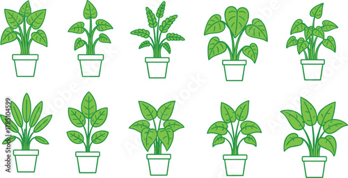 Minimalist Potted House Plants Vector Icon Set, Featuring Various Indoor Foliage, Greenery, and Tropical Leaves, Ideal Graphic for Home Decor and Gardening Designs.
