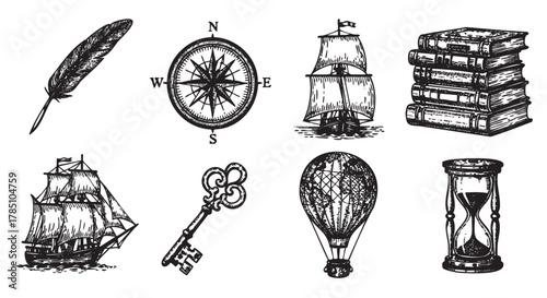 Eight detailed black and white vintage items including a feather quill, compass, sailing ships, ornate key, hot air balloon, stack of books, and hourglass.